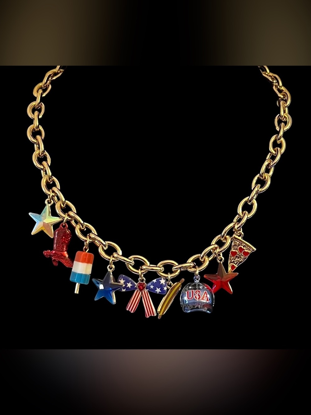 Betsey Johnson Gold-Tone Patriotic Charm Necklace with Red, White & Blue Accents